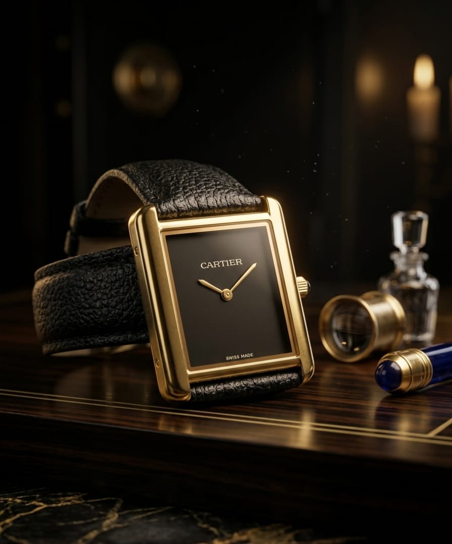 Cartier watch with black leather strap on a dark surface
