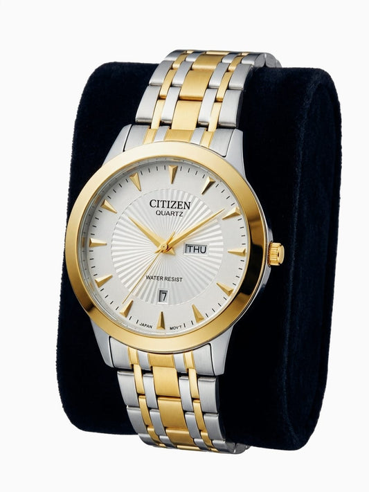 Citizen Quartz Two-Tone Men's Watch with Silver Textured Dial & Day-Date | AHMADIO